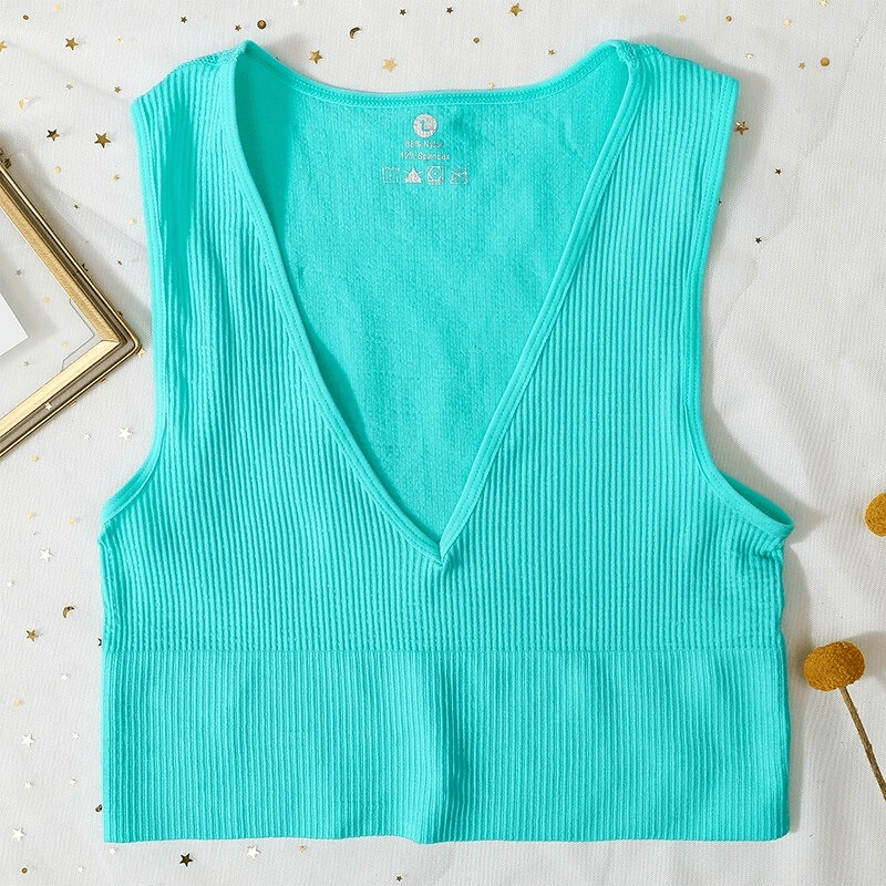 Turquoise Women's Ribbed Seamless Tank Top with Deep V-neck, perfect for yoga and running, made of breathable polyester and spandex.